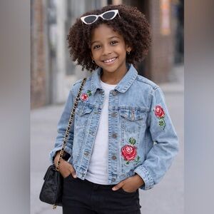 Girls Route 66 Light Blue Jean Jacket with Red Floral Embroidery (size 10/12)